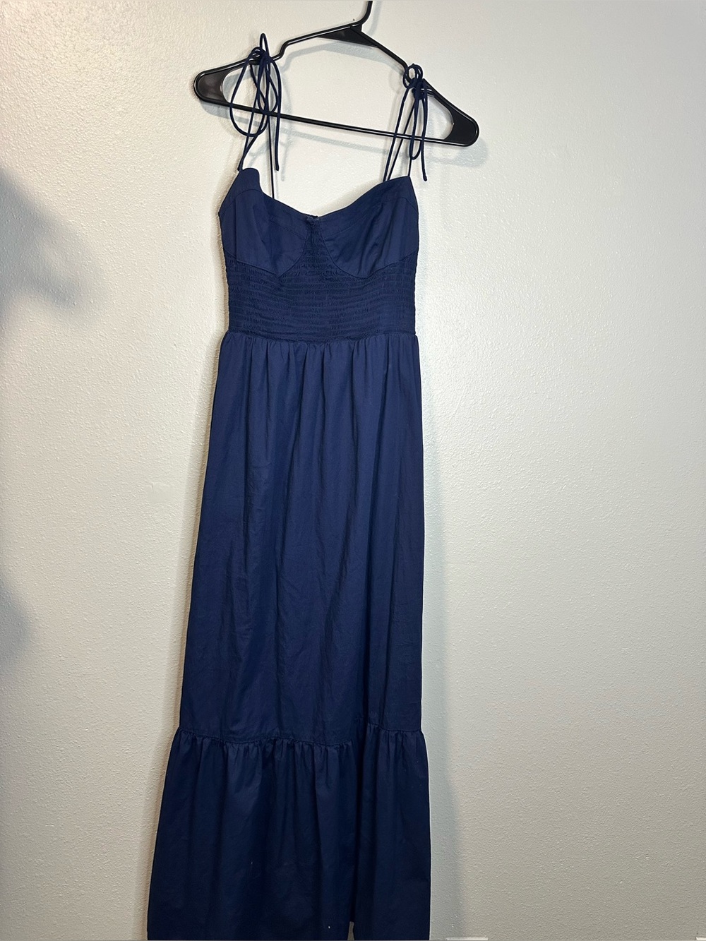 WAYF Navy Blue Smocked Bustier Maxi Dress Tie Strap Tiered Medium